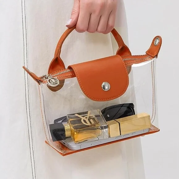 NEW Clear PVC Transparent Two-Way Tote Bag w/ Brown Accents Crossbody Stadium - Picture 1 of 4